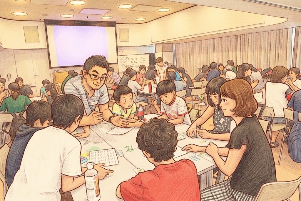 親子でボードゲームに取り組む様子